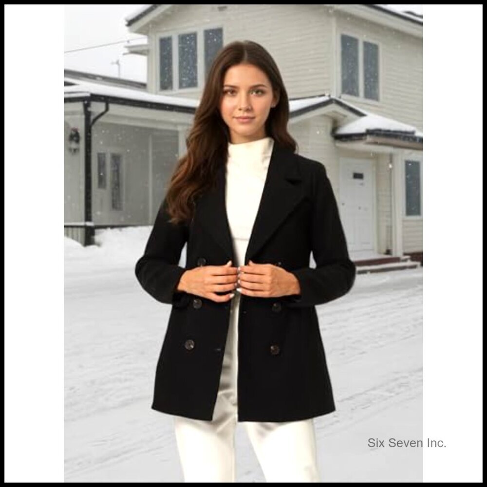 Polyester Blend Pea Coat Double Breasted Notch Lapel Mid Thigh - Picture 2 of 7